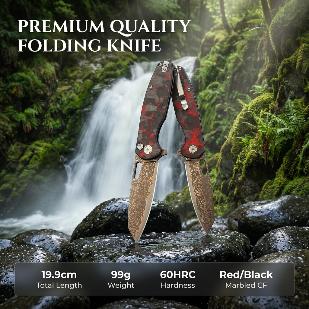 Tunafire GT-T0044-4 Bronze Damascus Folding Knife VG10 Core 60HRC Button Lock Carbon Fiber Handle EDC