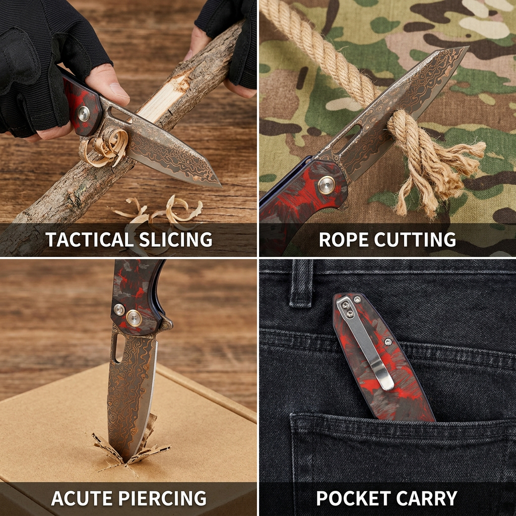 Tunafire GT-T0044-4 Bronze Damascus Folding Knife VG10 Core 60HRC Button Lock Carbon Fiber Handle EDC