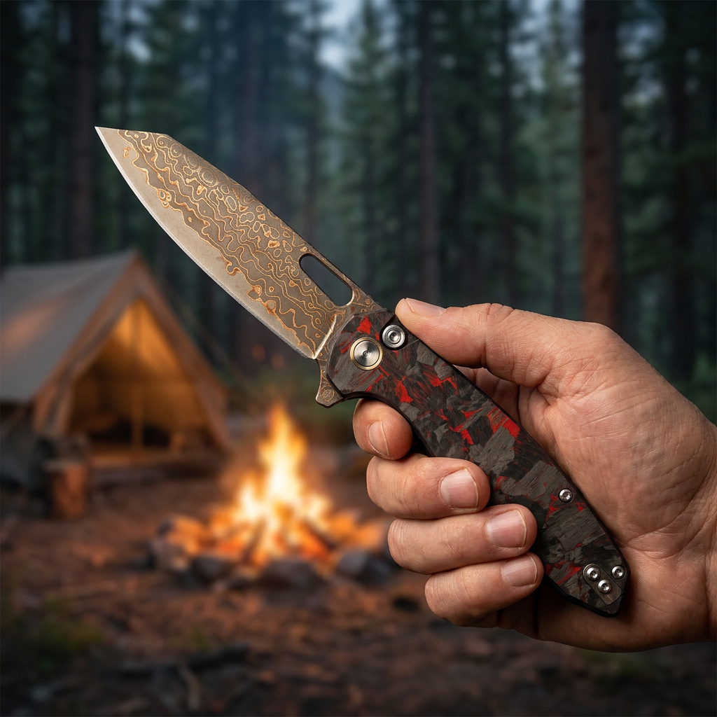 Tunafire GT-T0044-4 Bronze Damascus Folding Knife VG10 Core 60HRC Button Lock Carbon Fiber Handle EDC