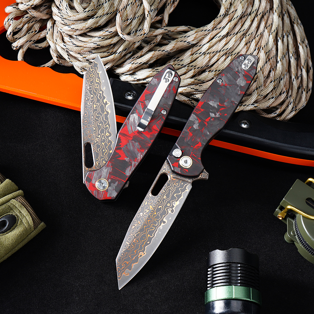 Tunafire GT-T0044-4 Bronze Damascus Folding Knife VG10 Core 60HRC Button Lock Carbon Fiber Handle EDC