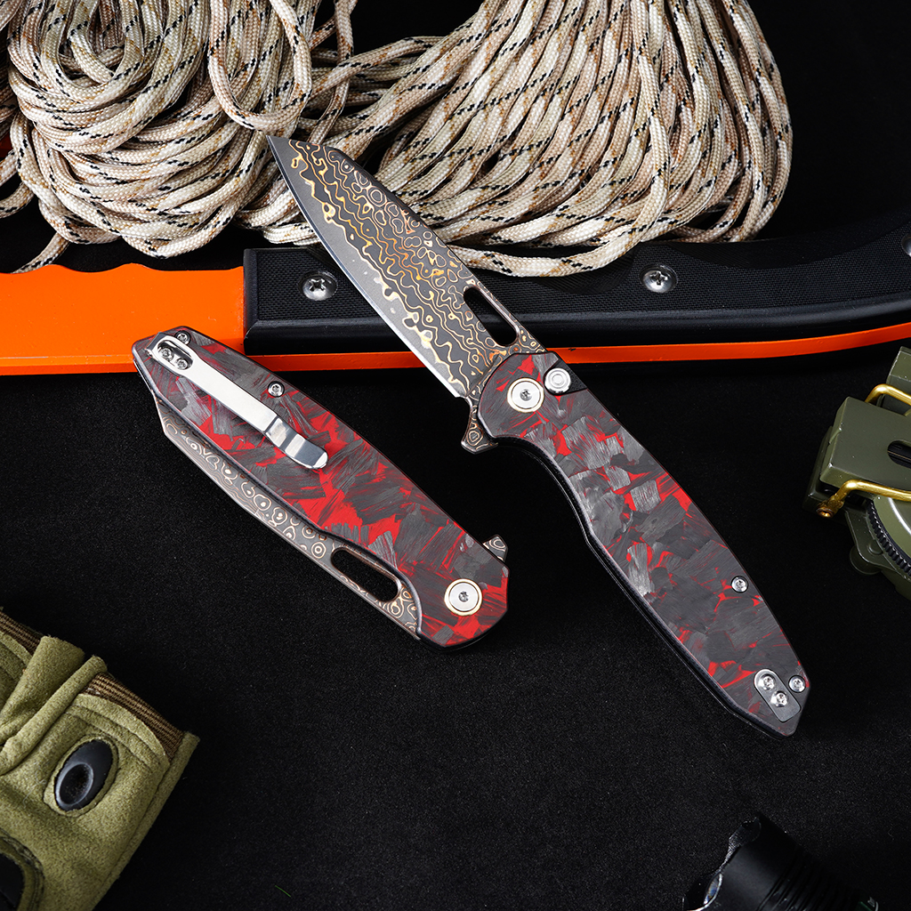 Tunafire GT-T0044-4 Bronze Damascus Folding Knife VG10 Core 60HRC Button Lock Carbon Fiber Handle EDC