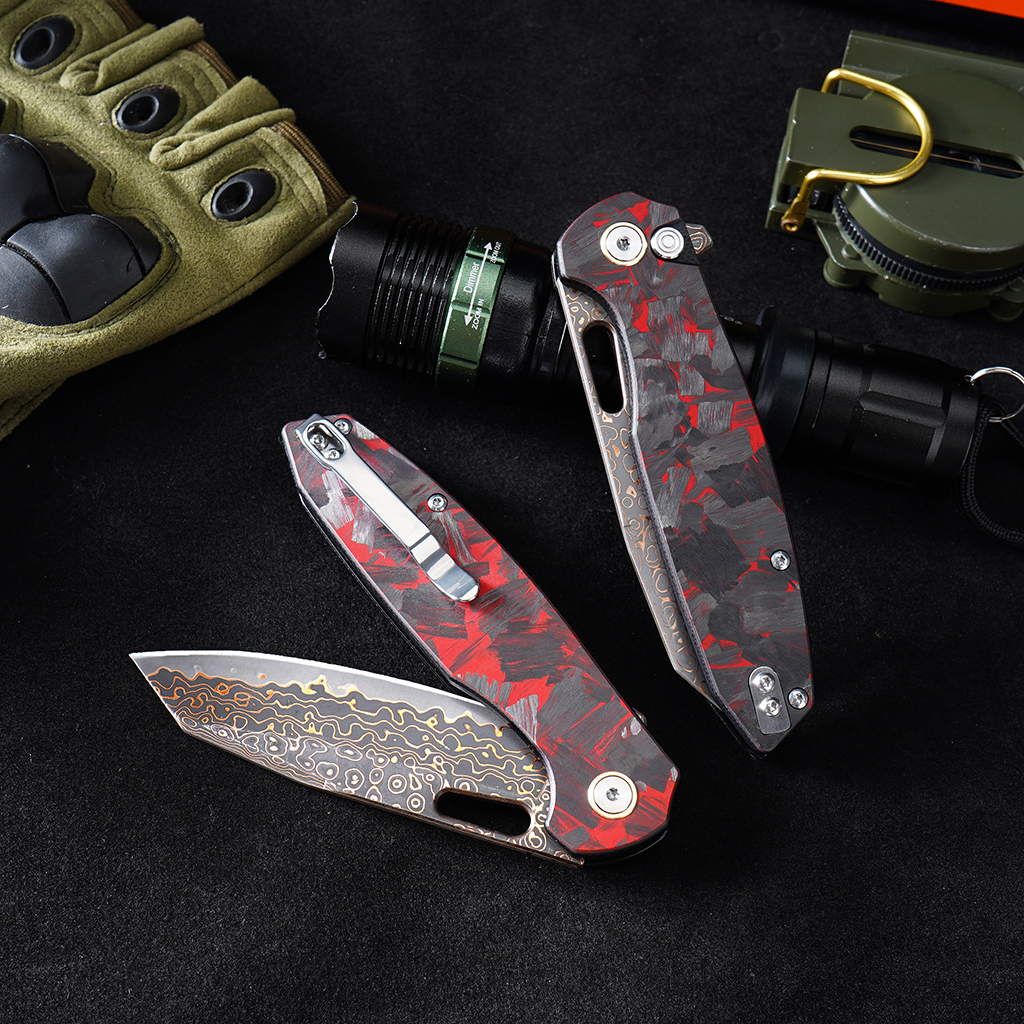 Tunafire GT-T0044-4 Bronze Damascus Folding Knife VG10 Core 60HRC Button Lock Carbon Fiber Handle EDC