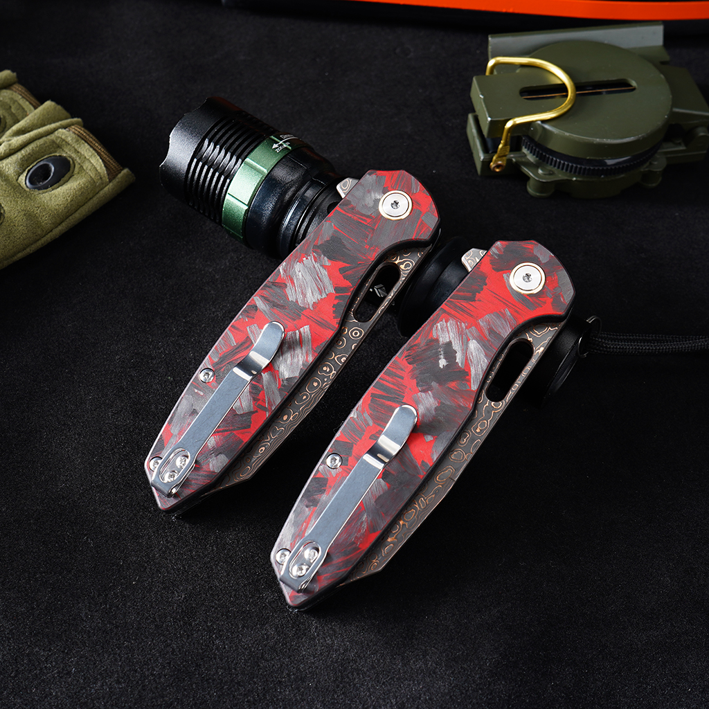 Tunafire GT-T0044-4 Bronze Damascus Folding Knife VG10 Core 60HRC Button Lock Carbon Fiber Handle EDC