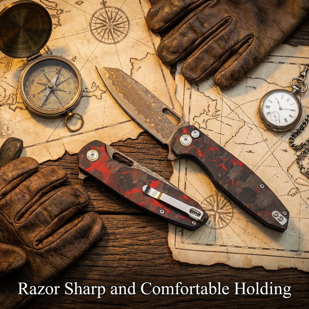 Tunafire GT-T0044-4 Bronze Damascus Folding Knife VG10 Core 60HRC Button Lock Carbon Fiber Handle EDC