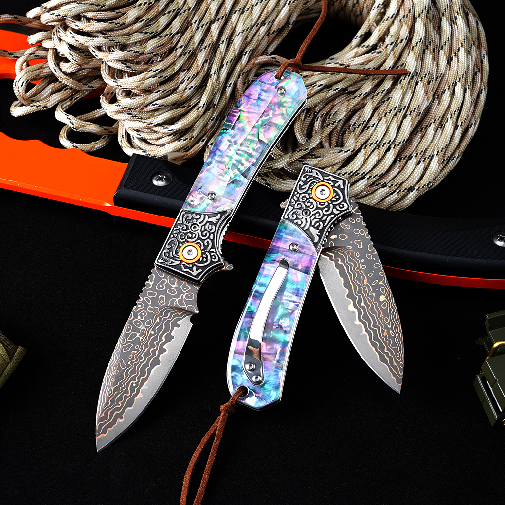Tunafire GT-DM044 3.35" VG10 Bronze Damascus Folding Knife Abalone Shell Handle Ball Bearing EDC Knife