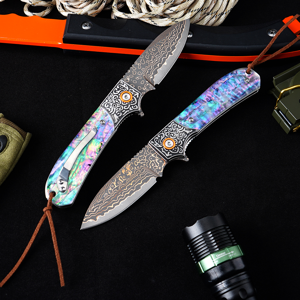 Tunafire GT-DM044 3.35" VG10 Bronze Damascus Folding Knife Abalone Shell Handle Ball Bearing EDC Knife