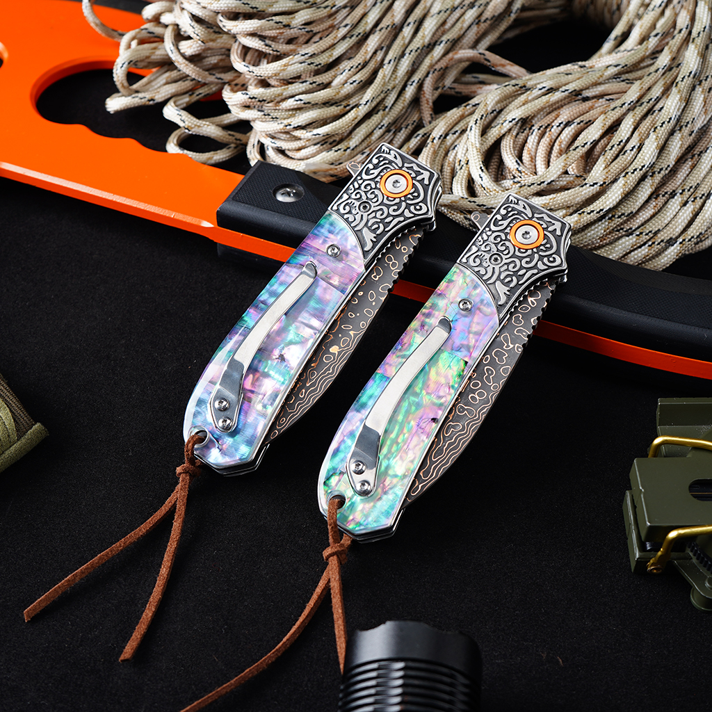Tunafire GT-DM044 3.35" VG10 Bronze Damascus Folding Knife Abalone Shell Handle Ball Bearing EDC Knife