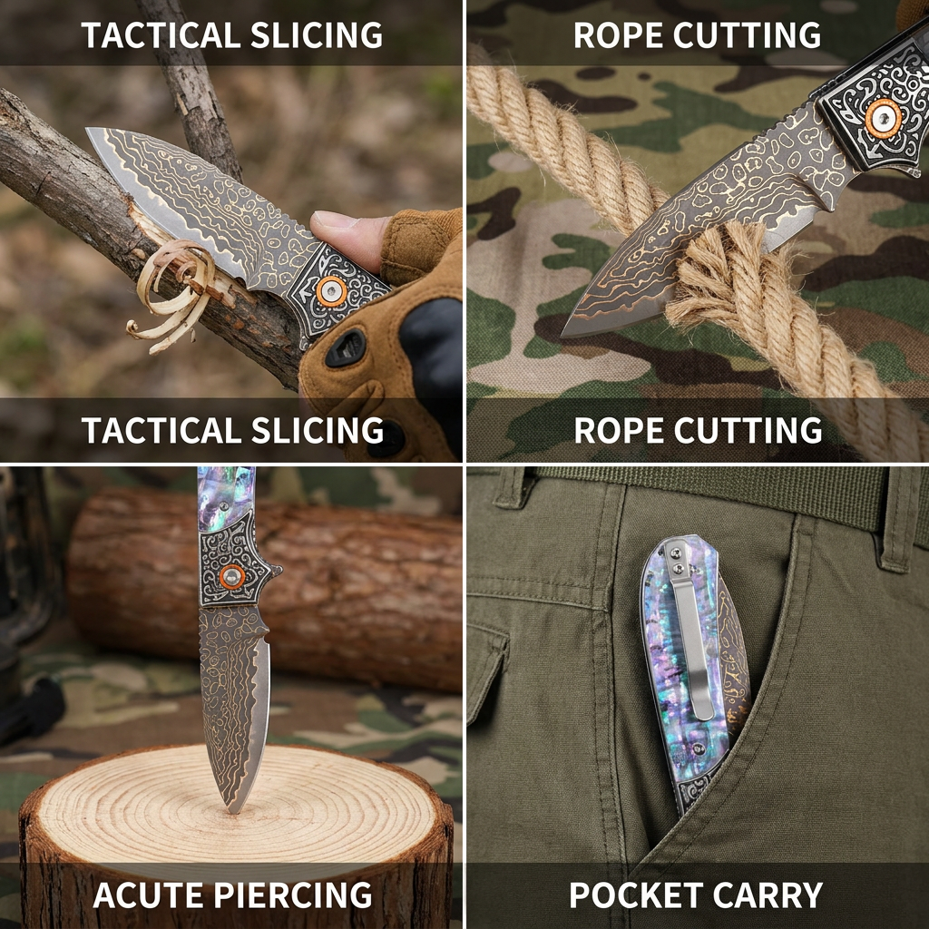 Tunafire GT-DM044 3.35" VG10 Bronze Damascus Folding Knife Abalone Shell Handle Ball Bearing EDC Knife