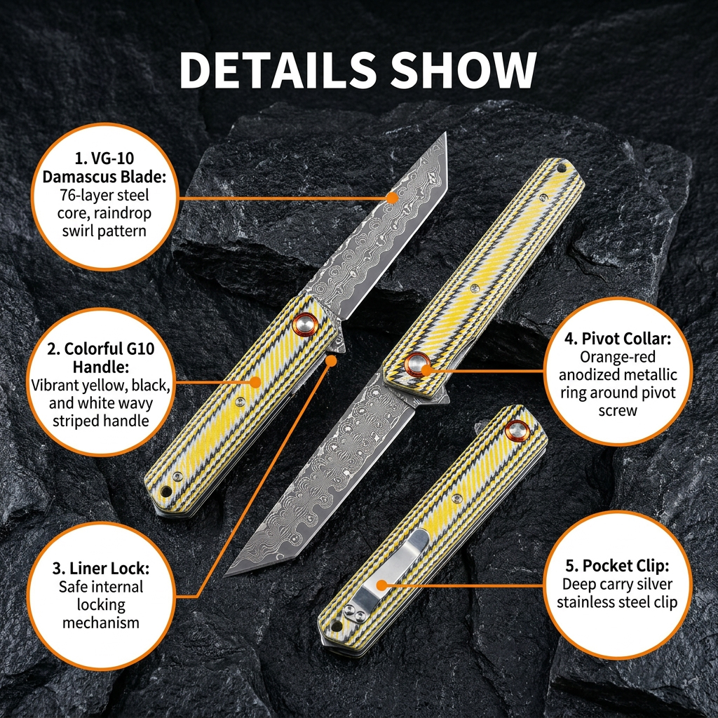 Tunafire GT-DM031 76 Layers Damascus Folding Knife VG-10 Steel Core colorful G10 Handle EDC Pocket Knife