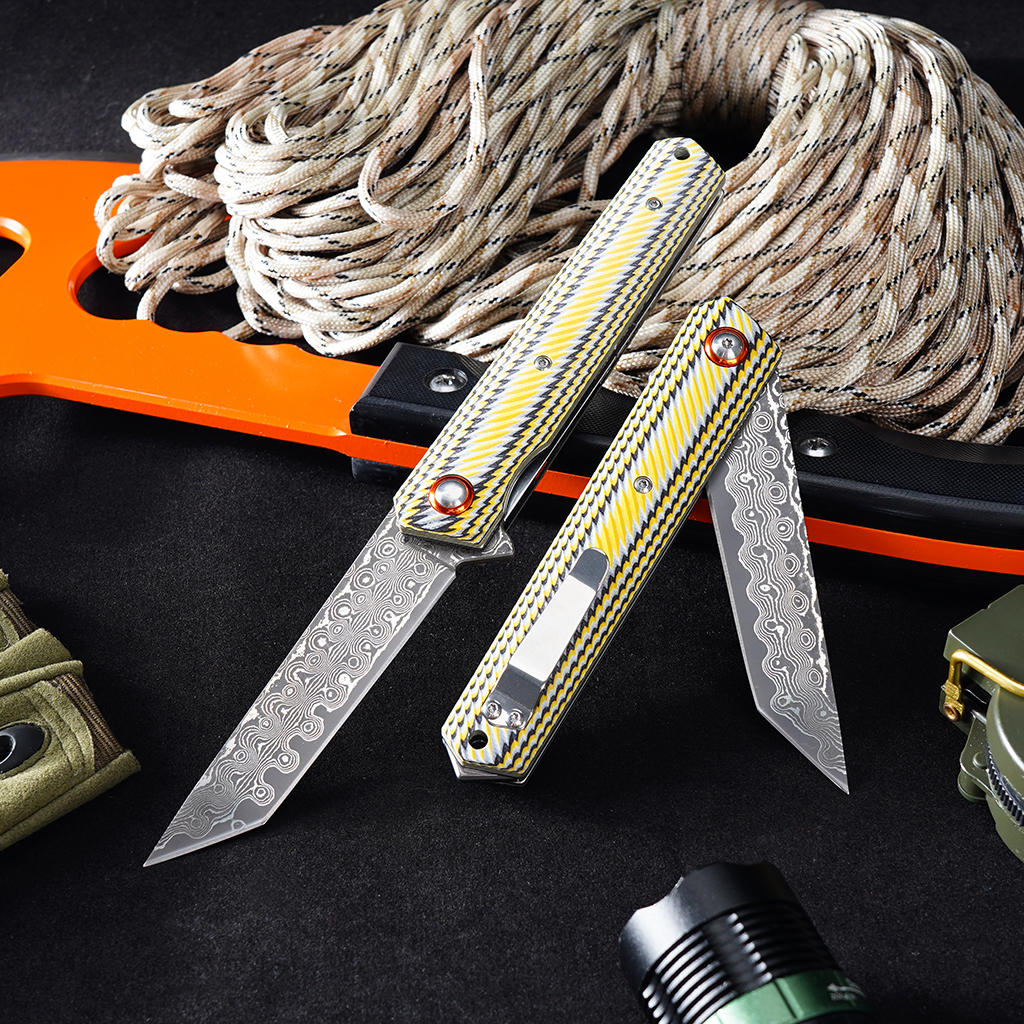 Tunafire GT-DM031 76 Layers Damascus Folding Knife VG-10 Steel Core colorful G10 Handle EDC Pocket Knife