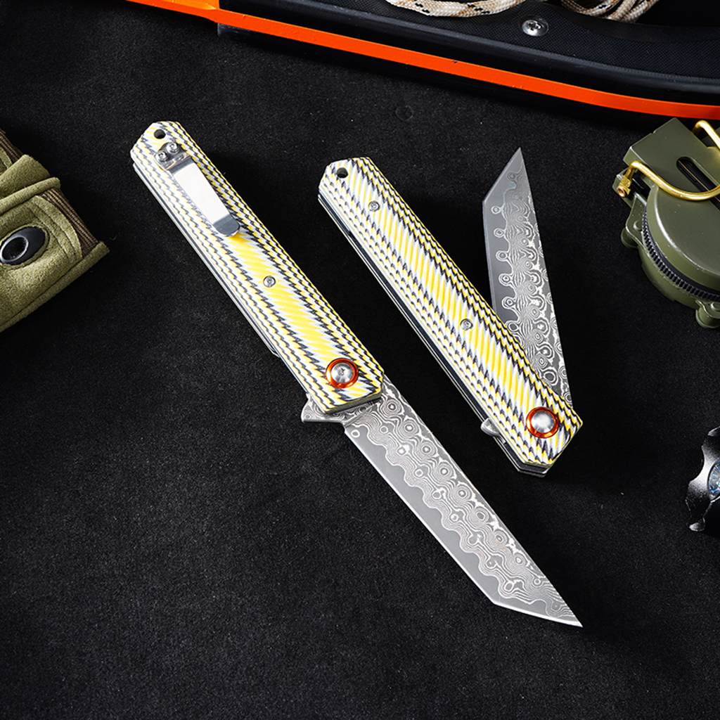 Tunafire GT-DM031 76 Layers Damascus Folding Knife VG-10 Steel Core colorful G10 Handle EDC Pocket Knife