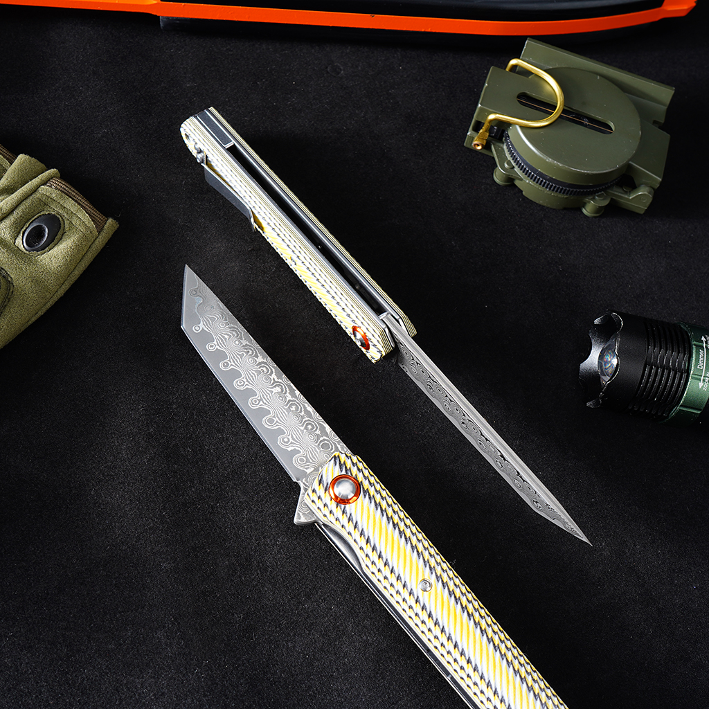 Tunafire GT-DM031 76 Layers Damascus Folding Knife VG-10 Steel Core colorful G10 Handle EDC Pocket Knife