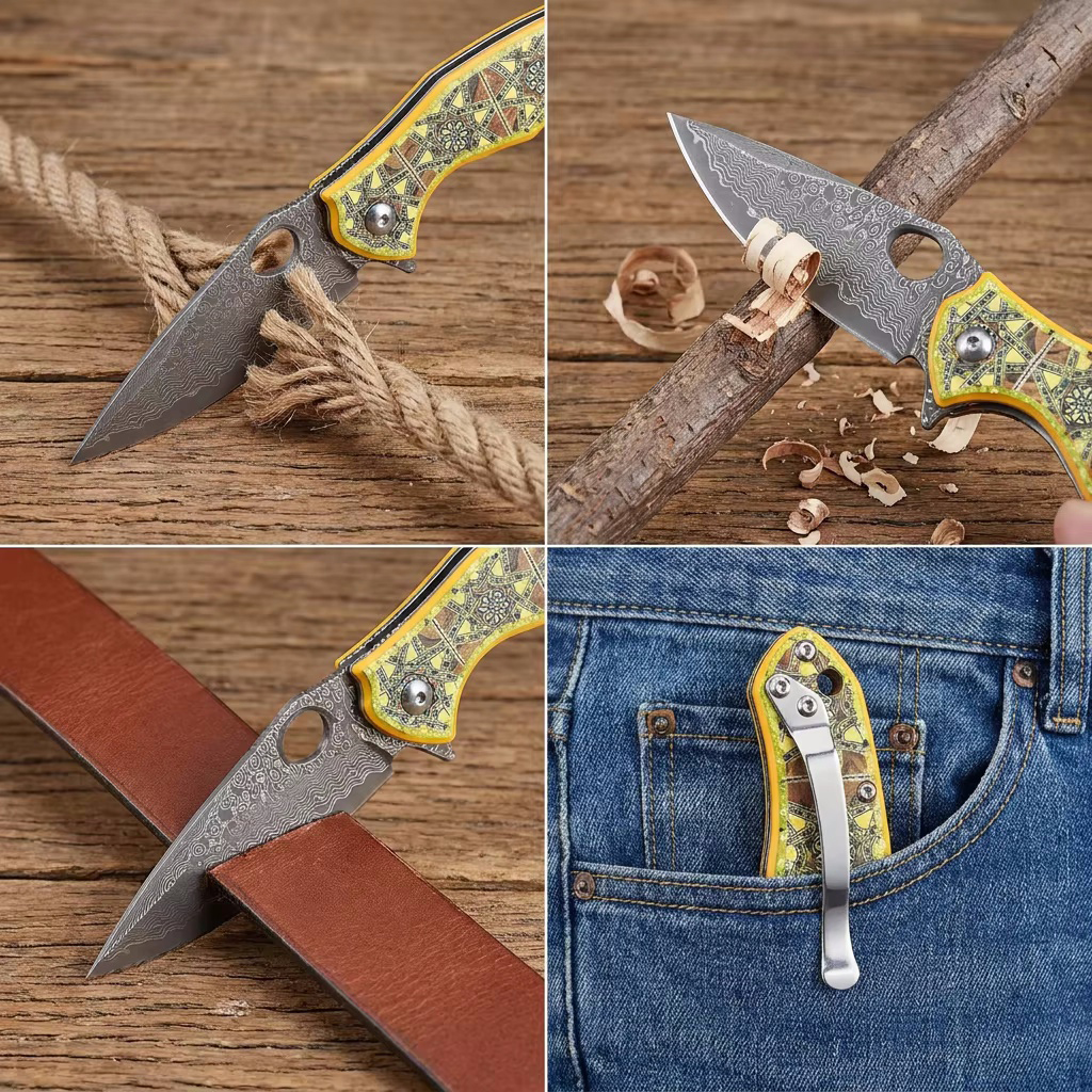 Tunafire Knives GT-DM034 Flipper Folding Knife 3.11" Damascus Steel blade 3D printed aluminum handle Camping Hiking Knife