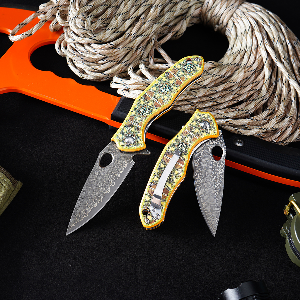 Tunafire Knives GT-DM034 Flipper Folding Knife 3.11" Damascus Steel blade 3D printed aluminum handle Camping Hiking Knife