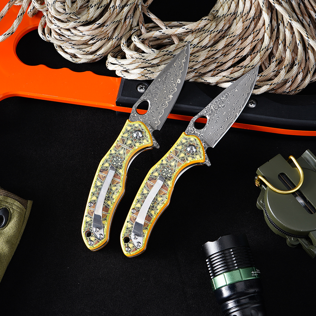 Tunafire Knives GT-DM034 Flipper Folding Knife 3.11" Damascus Steel blade 3D printed aluminum handle Camping Hiking Knife