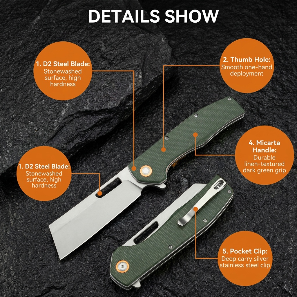 Tunafire Knife GT955 Tactical  Folding Knife D2 Steel Blade Micarta Handle Ball Bearing Camping Survvial Hunting Knives EDC Outdoor