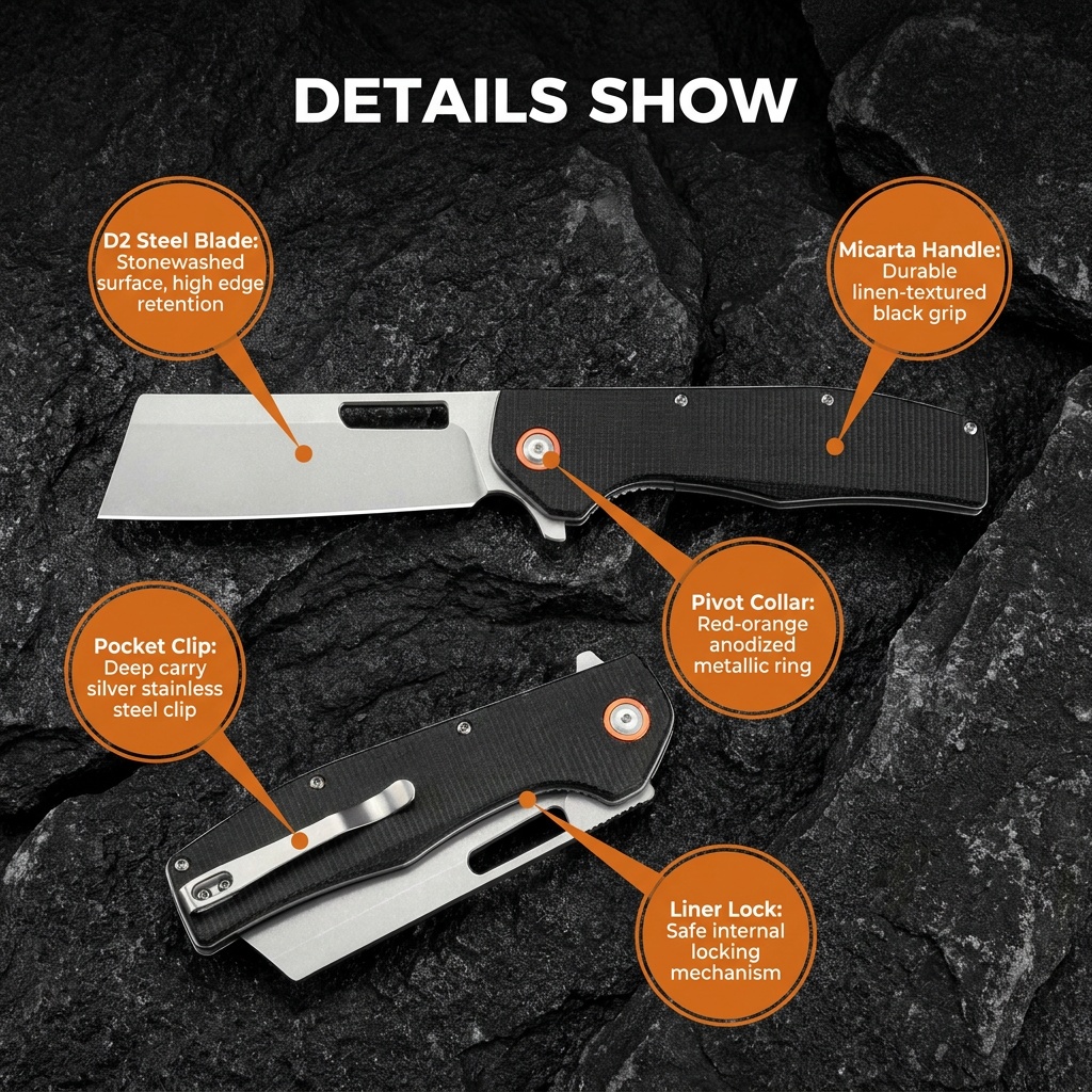 Tunafire Knife GT955 Flipper Folding Knife Stone washing D2 Steel Blade Black Micarta Handle Camping Hunting Pocket Knife