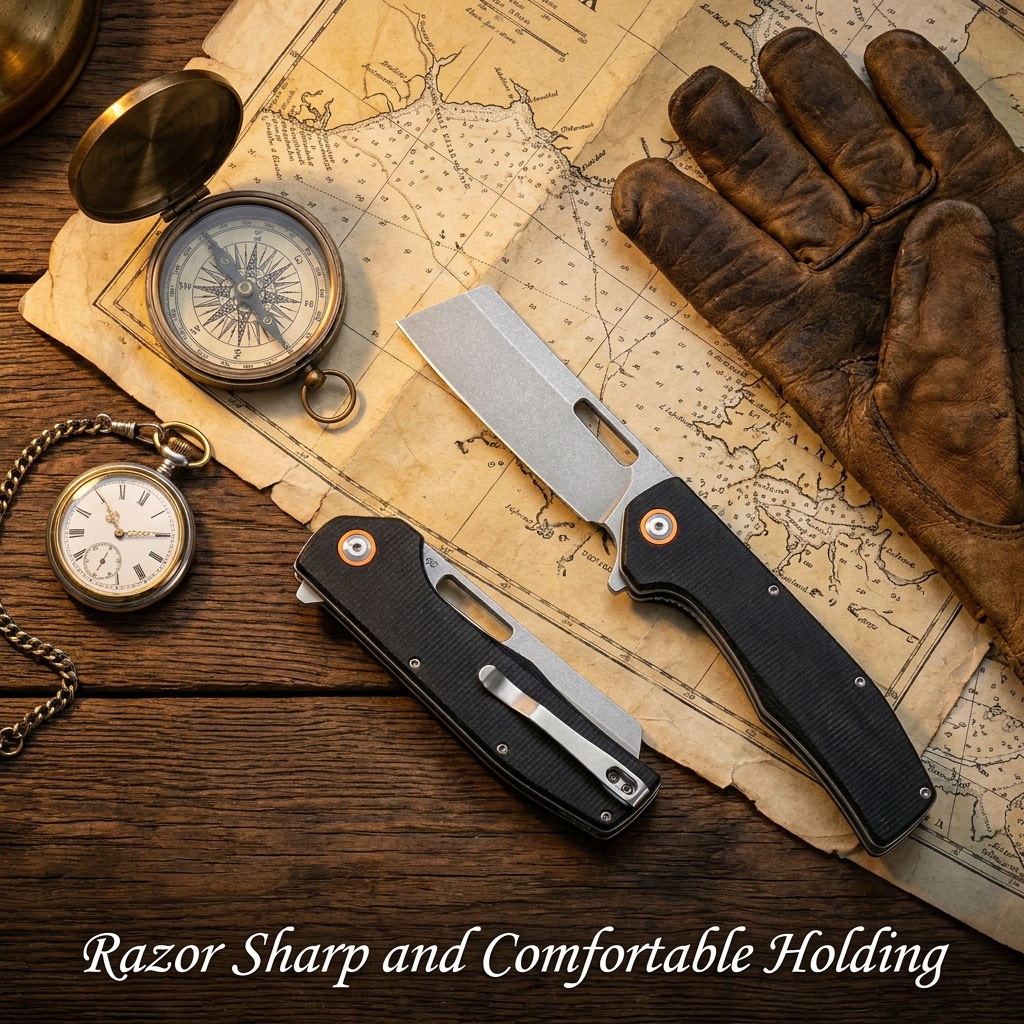 Tunafire Knife GT955 Flipper Folding Knife Stone washing D2 Steel Blade Black Micarta Handle Camping Hunting Pocket Knife