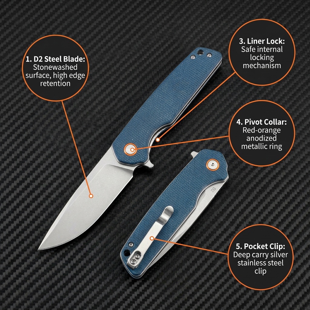 Tunafire Knives GT961 3.54"D2 Steel Folding Knife | Blue Micarta Handle EDC Pocket Knife Outdoor Camping Hiking Cutter Tool