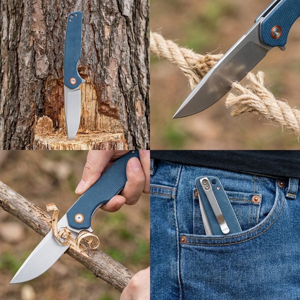 Tunafire Knives GT961 3.54"D2 Steel Folding Knife | Blue Micarta Handle EDC Pocket Knife Outdoor Camping Hiking Cutter Tool