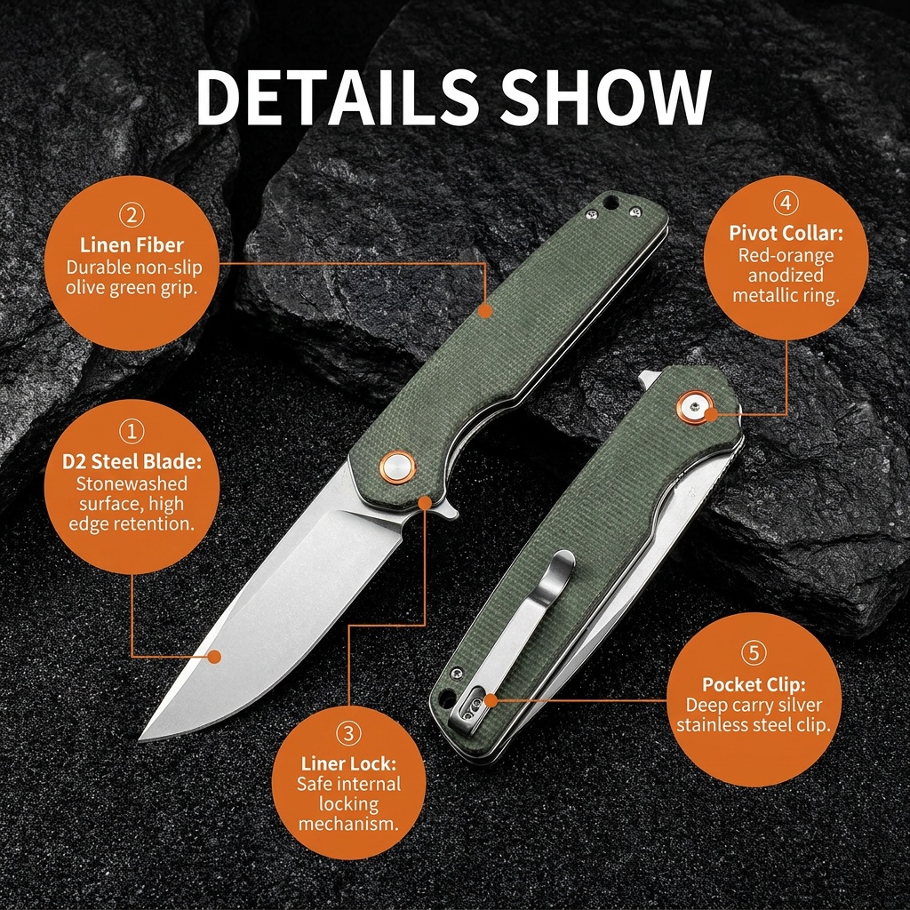 Tunafire Knives 3.54"D2 Steel Flipper Folding Knife Green Micarta Handle Tactical Survival Pocket Knife GT961