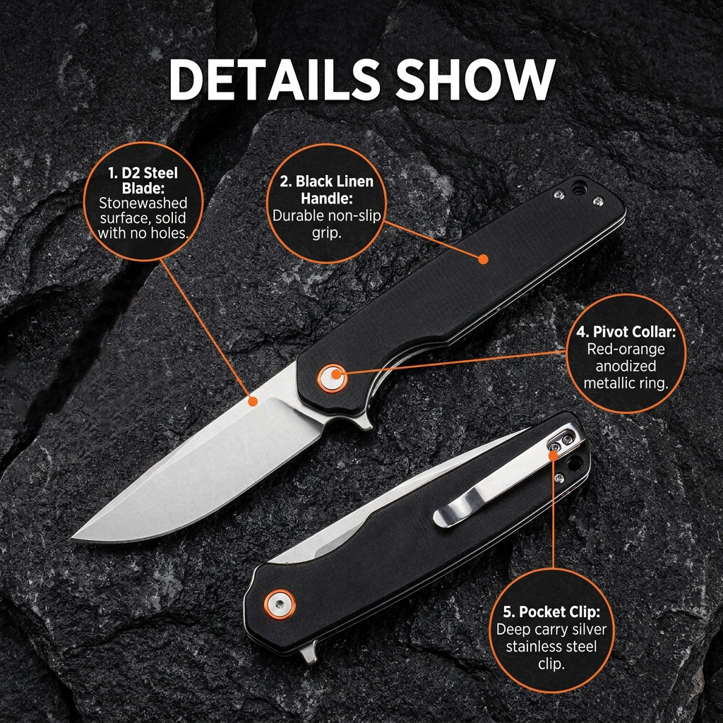 Tunafire Knives GT961 Pocket Folding Knife 3.54"D2 Steel Stone Wash Blade Micarta Handle EDC Knife For Tactical Camping Hiking