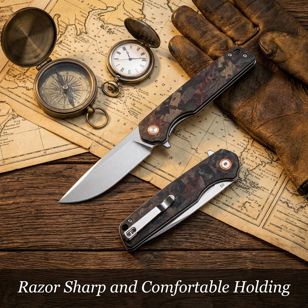 Tunafire Knife GT961 D2 Steel Folding Pocket Knife Red Carbon Fiber Handle Ball Bearing EDC Tactical Knife