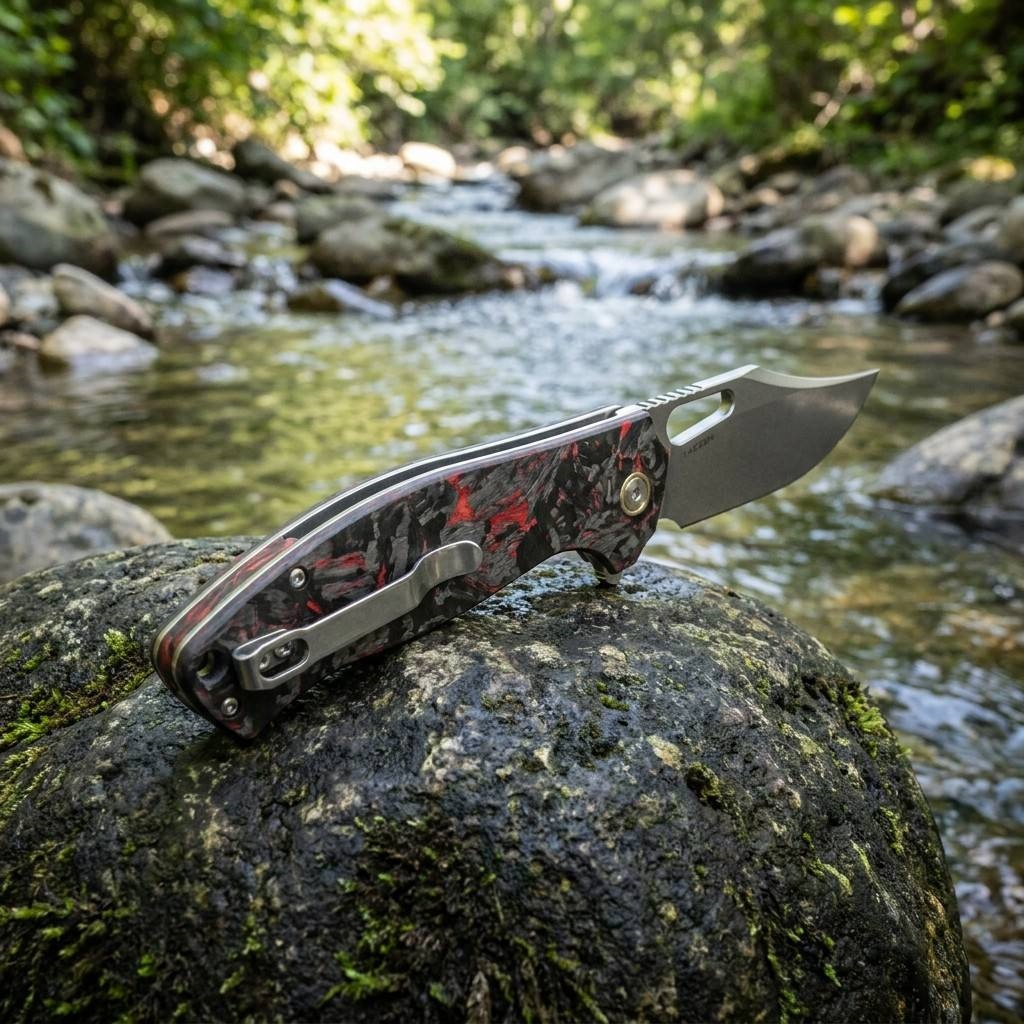 Tunafire Knife 3.31"14C28N Steel Folding Pocket Knife Red Carbon Fiber Handle Ball Bearing EDC Camping Hiking Knife GT-T0050-1