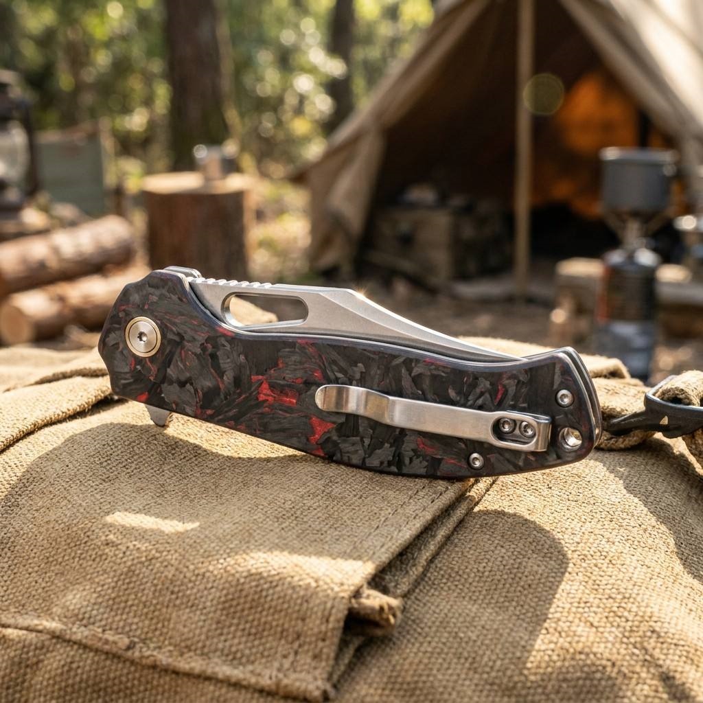 Tunafire Knife 3.31"14C28N Steel Folding Pocket Knife Red Carbon Fiber Handle Ball Bearing EDC Camping Hiking Knife GT-T0050-1