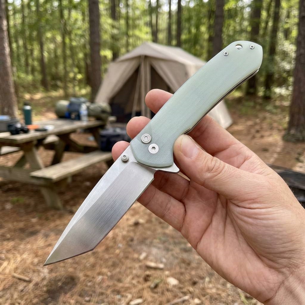 Tunafire knife GT-T0033 D2 Steel Button Lock Folding Pocket Knife, 58-59 HRC Stone Washed Blade, G10 Anti-Slip Handle EDC Utility Cutting Tool for Camping Hunting DIY Daily Carry