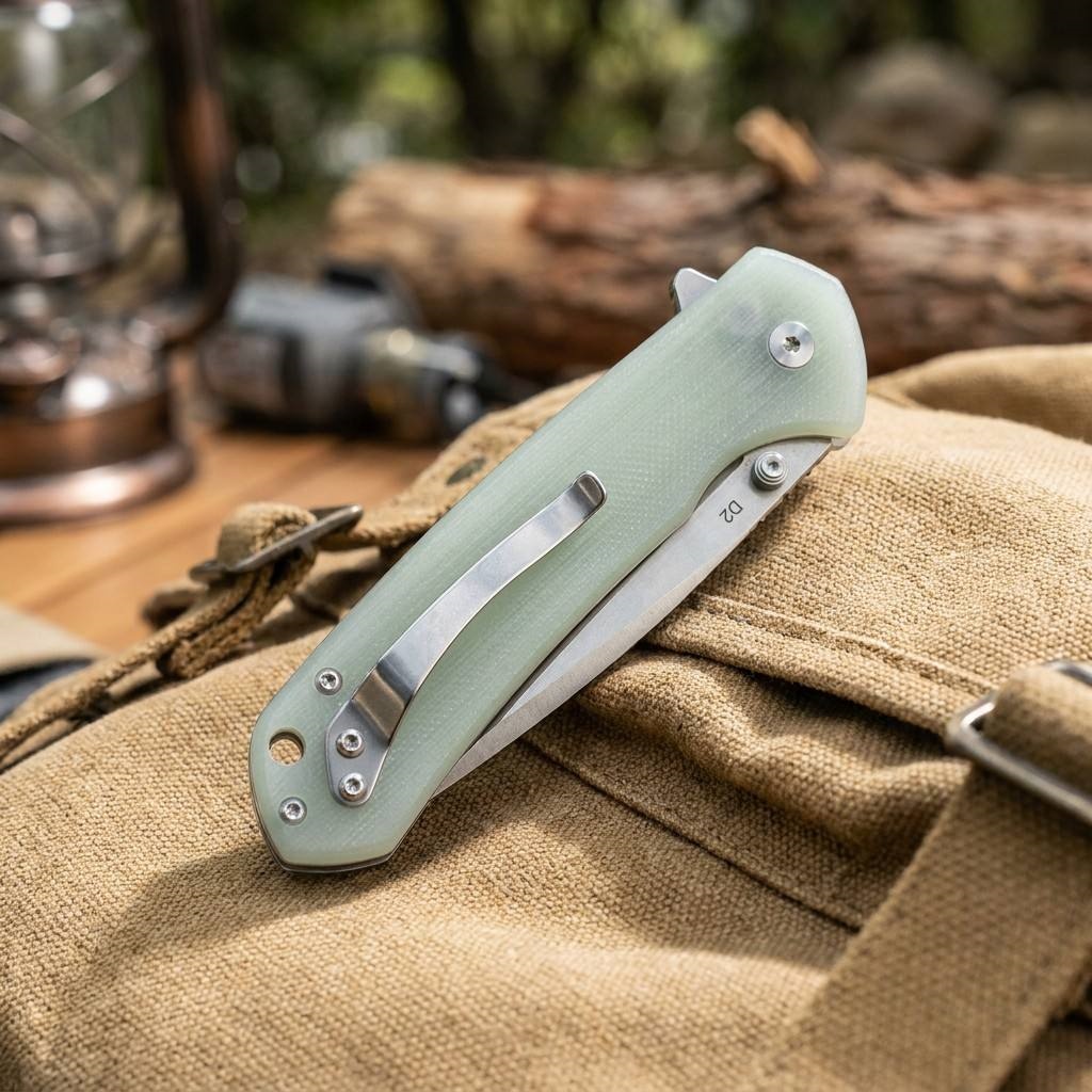 Tunafire knife GT-T0033 D2 Steel Button Lock Folding Pocket Knife, 58-59 HRC Stone Washed Blade, G10 Anti-Slip Handle EDC Utility Cutting Tool for Camping Hunting DIY Daily Carry