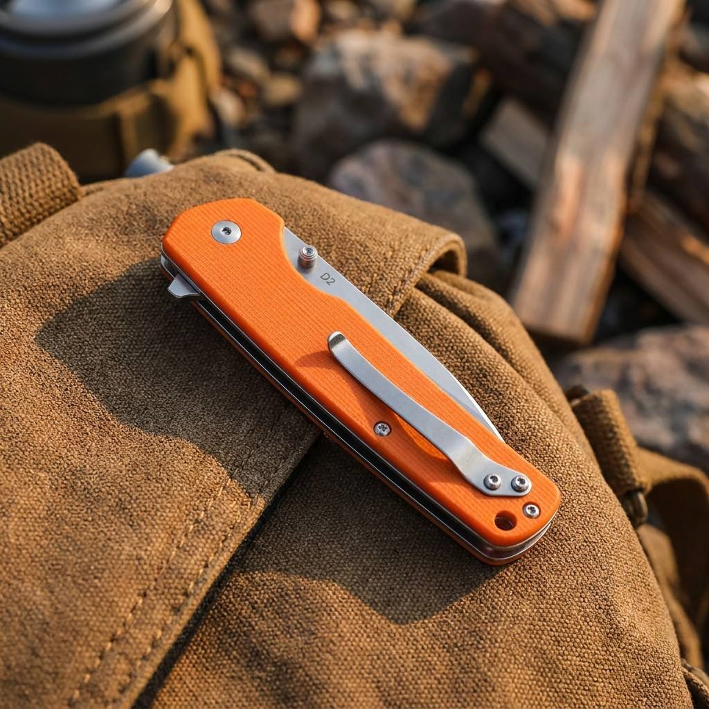 Tunafire Knife |GT-T0036 3.4" | D2 Stone washing Blade | G10 Orange Handle | Button Liner Lock | EDC Outdoor Knives