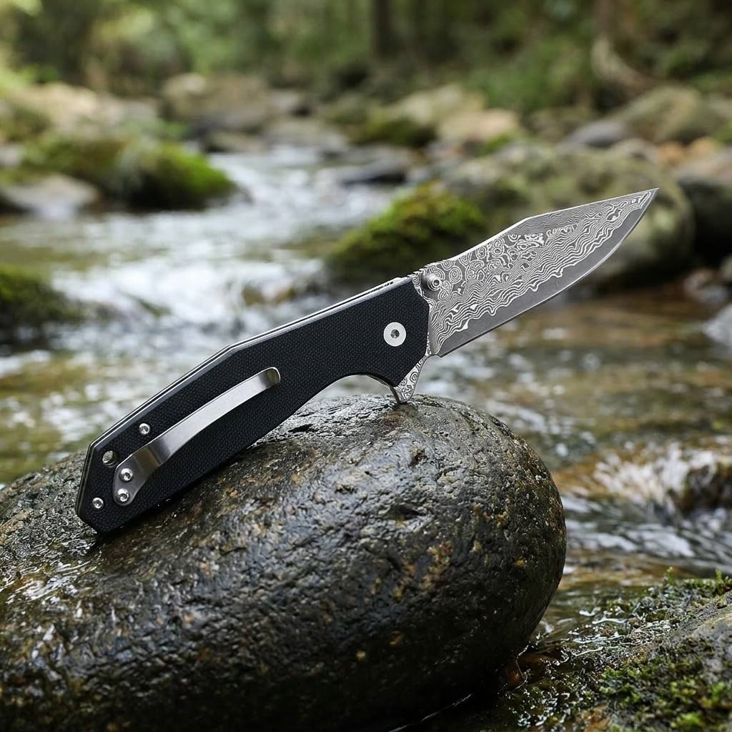 Tunafire Knife GT-DM016 76 Layers Damascus Steel Blade Folding Knife Ball Bearing G10 Handle EDC Pocket Knife