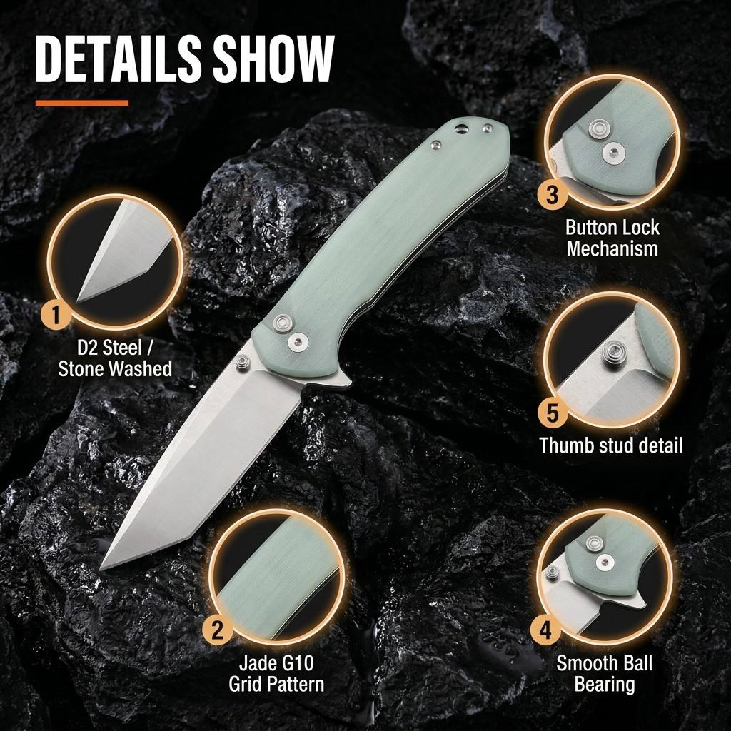 Tunafire knife GT-T0033 D2 Steel Button Lock Folding Pocket Knife, 58-59 HRC Stone Washed Blade, G10 Anti-Slip Handle EDC Utility Cutting Tool for Camping Hunting DIY Daily Carry