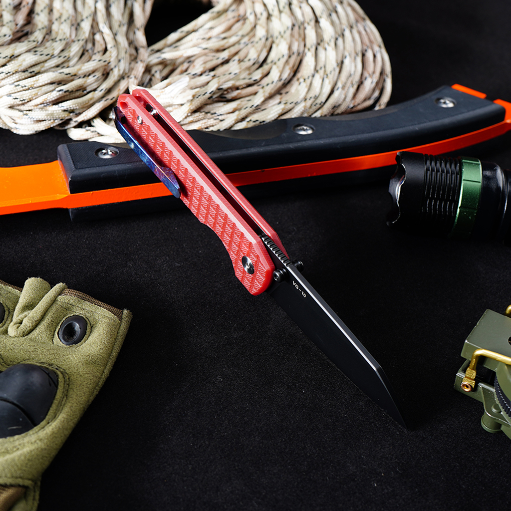 Tunafire knife GT-T0070-4 Titanium platin VG10 Blade Ball Bearing Folding Knife Button lock Red G10 Handle Outdoor Defense Tool