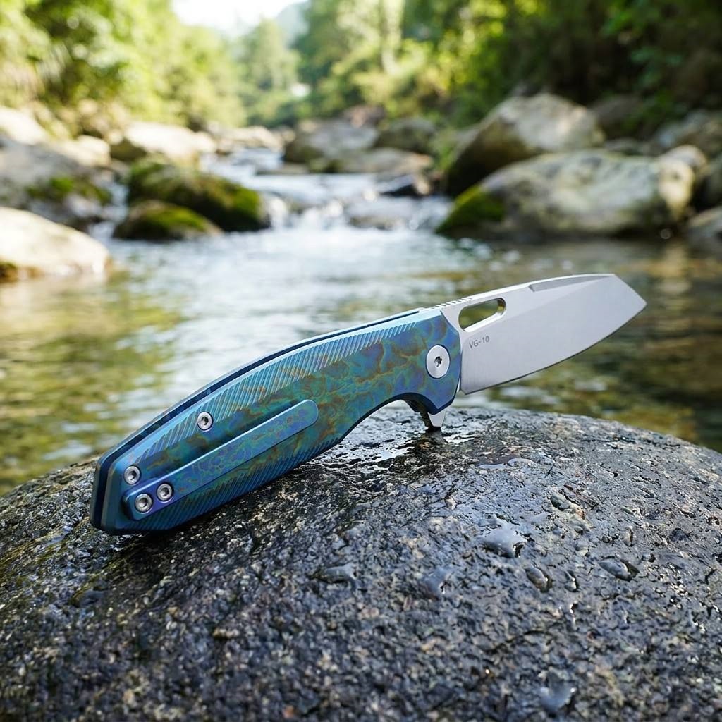 Tunafire knife GT-T0044-5 VG-10 Steel Pocket Folding Knife Blue Titanium Alloy Handle Button Lock EDC Carry Knife