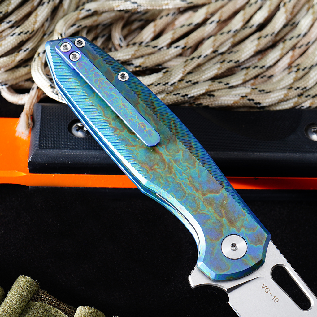 Tunafire knife GT-T0044-5 VG-10 Steel Pocket Folding Knife Blue Titanium Alloy Handle Button Lock EDC Carry Knife