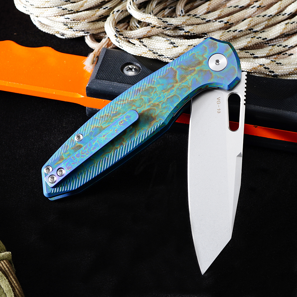 Tunafire knife GT-T0044-5 VG-10 Steel Pocket Folding Knife Blue Titanium Alloy Handle Button Lock EDC Carry Knife