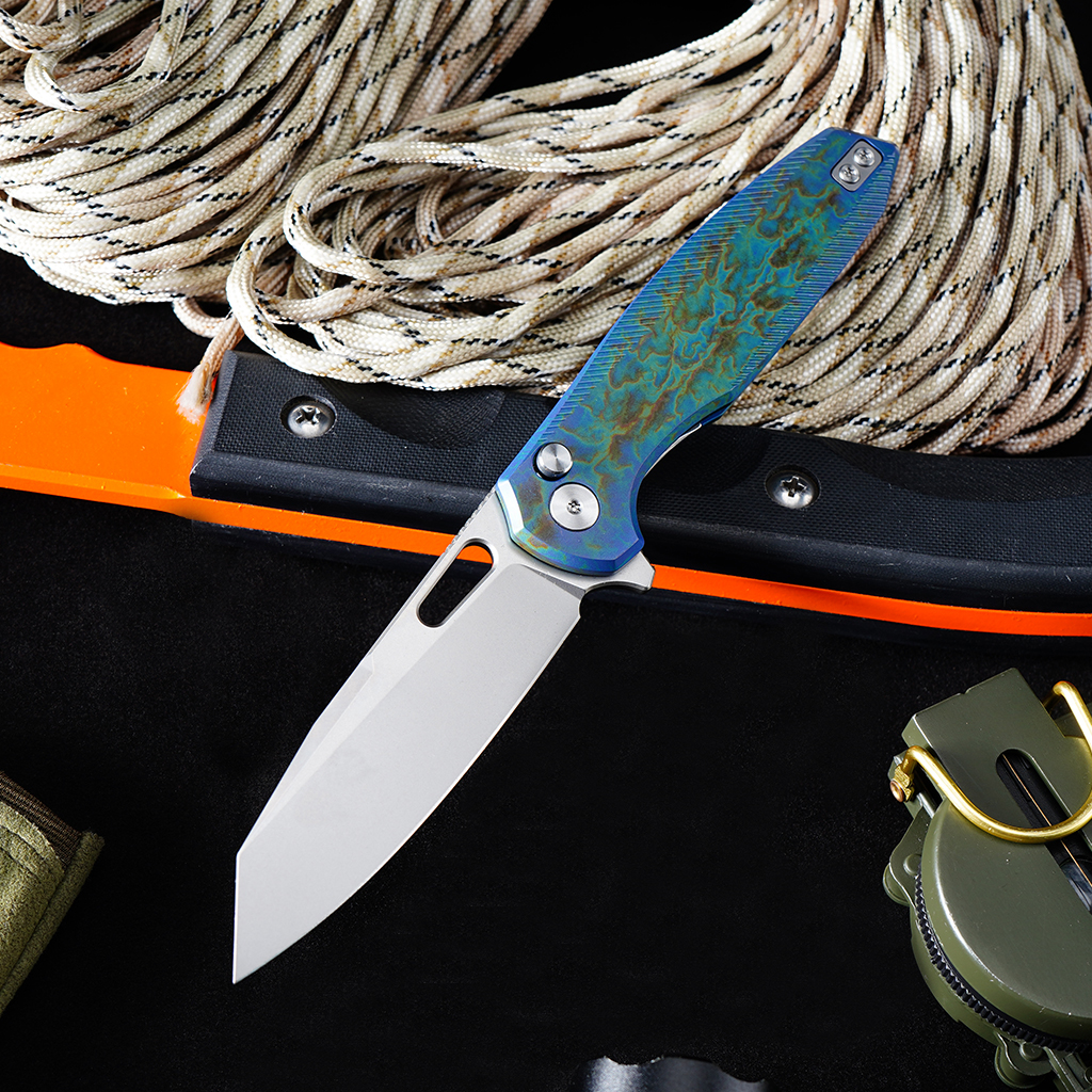 Tunafire knife GT-T0044-5 VG-10 Steel Pocket Folding Knife Blue Titanium Alloy Handle Button Lock EDC Carry Knife