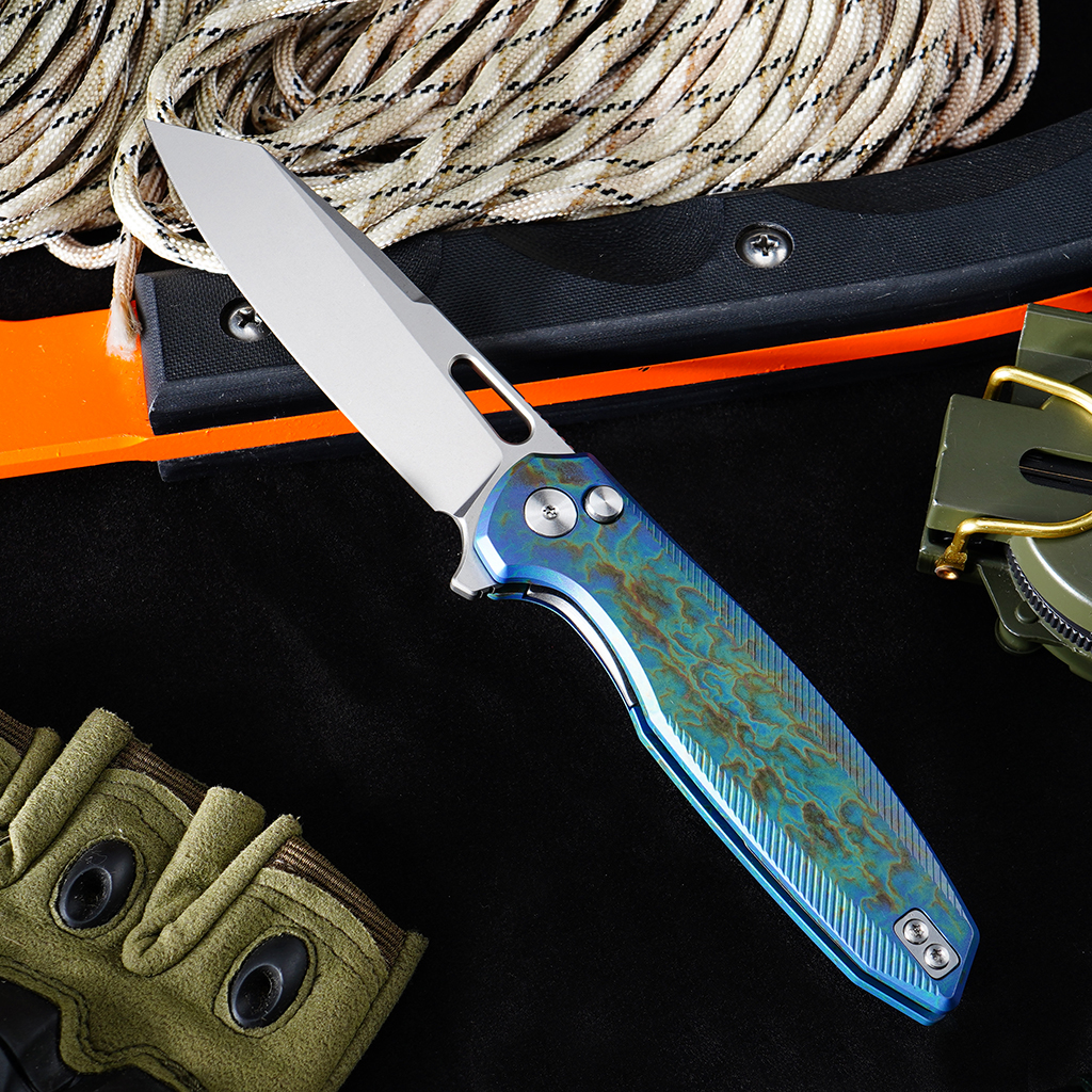 Tunafire knife GT-T0044-5 VG-10 Steel Pocket Folding Knife Blue Titanium Alloy Handle Button Lock EDC Carry Knife