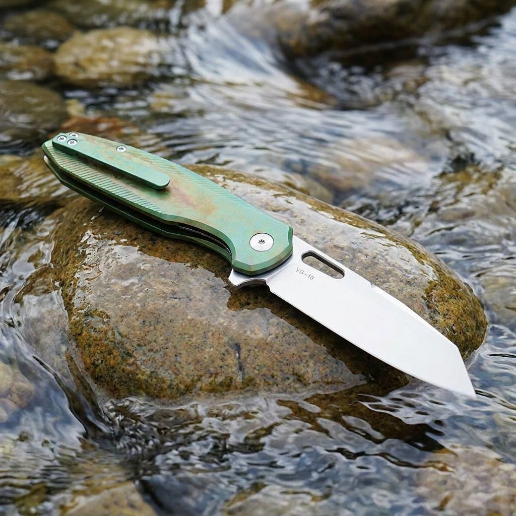 Tunafire Knife 3.39 "VG10 Blade Button Lock Titanium Alloy Burning Green Handle Tactical Survival Pocket Knife  GT-T0044-5