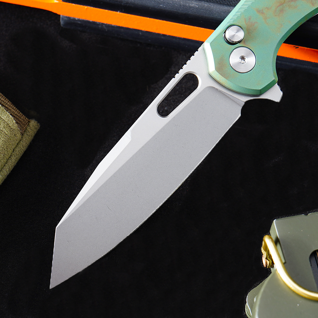 Tunafire Knife 3.39 "VG10 Blade Button Lock Titanium Alloy Burning Green Handle Tactical Survival Pocket Knife  GT-T0044-5