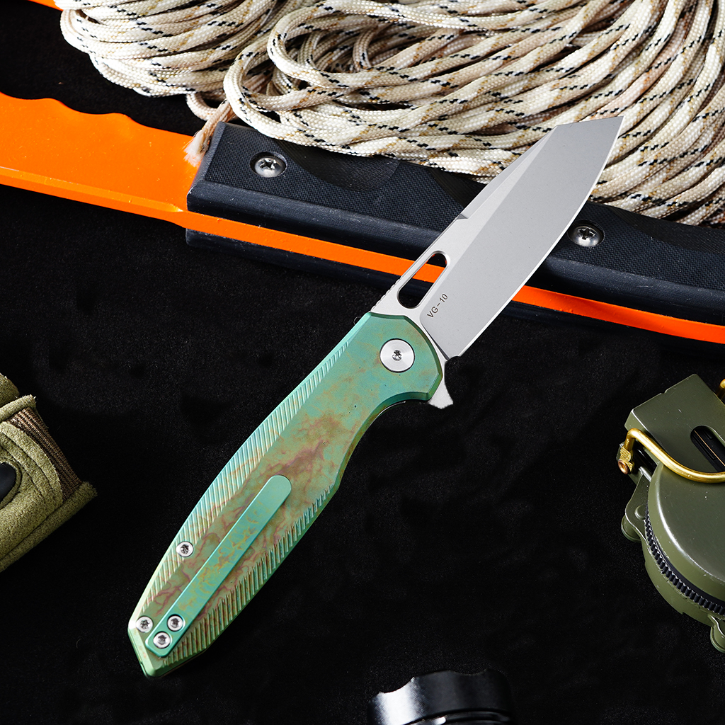 Tunafire Knife 3.39 "VG10 Blade Button Lock Titanium Alloy Burning Green Handle Tactical Survival Pocket Knife  GT-T0044-5