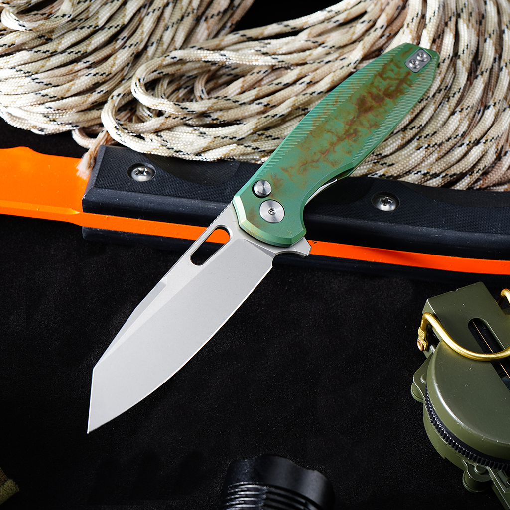 Tunafire Knife 3.39 "VG10 Blade Button Lock Titanium Alloy Burning Green Handle Tactical Survival Pocket Knife  GT-T0044-5