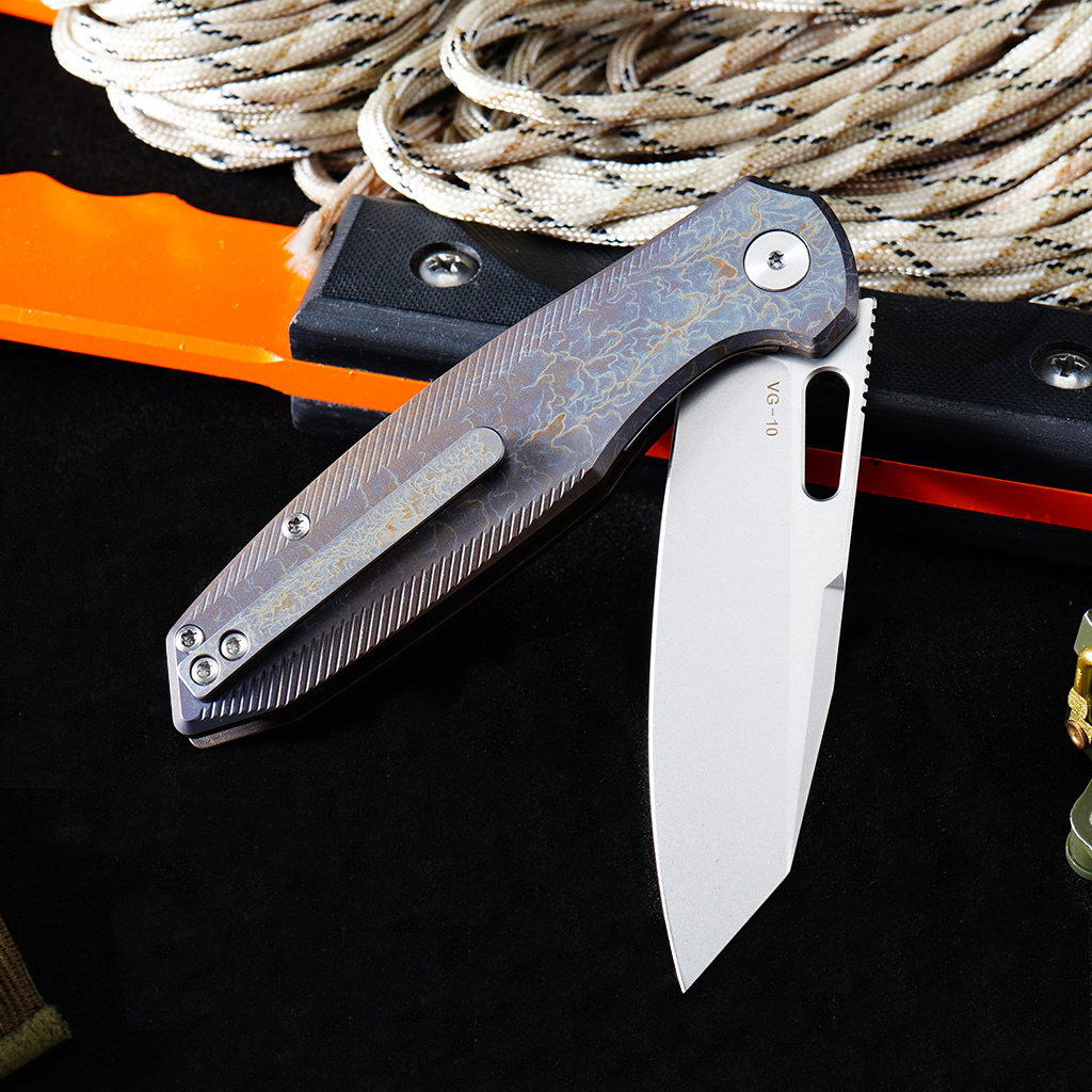 Tunafire knife Titanium Alloy Button Lock Folding Knife VG10 BLADE Camping Hunting Pocket Knife GT-T0044-5