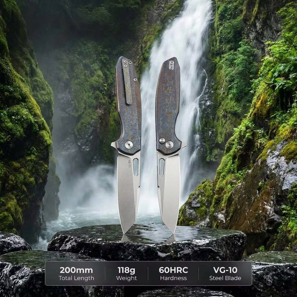 Tunafire knife Titanium Alloy Button Lock Folding Knife VG10 BLADE Camping Hunting Pocket Knife GT-T0044-5