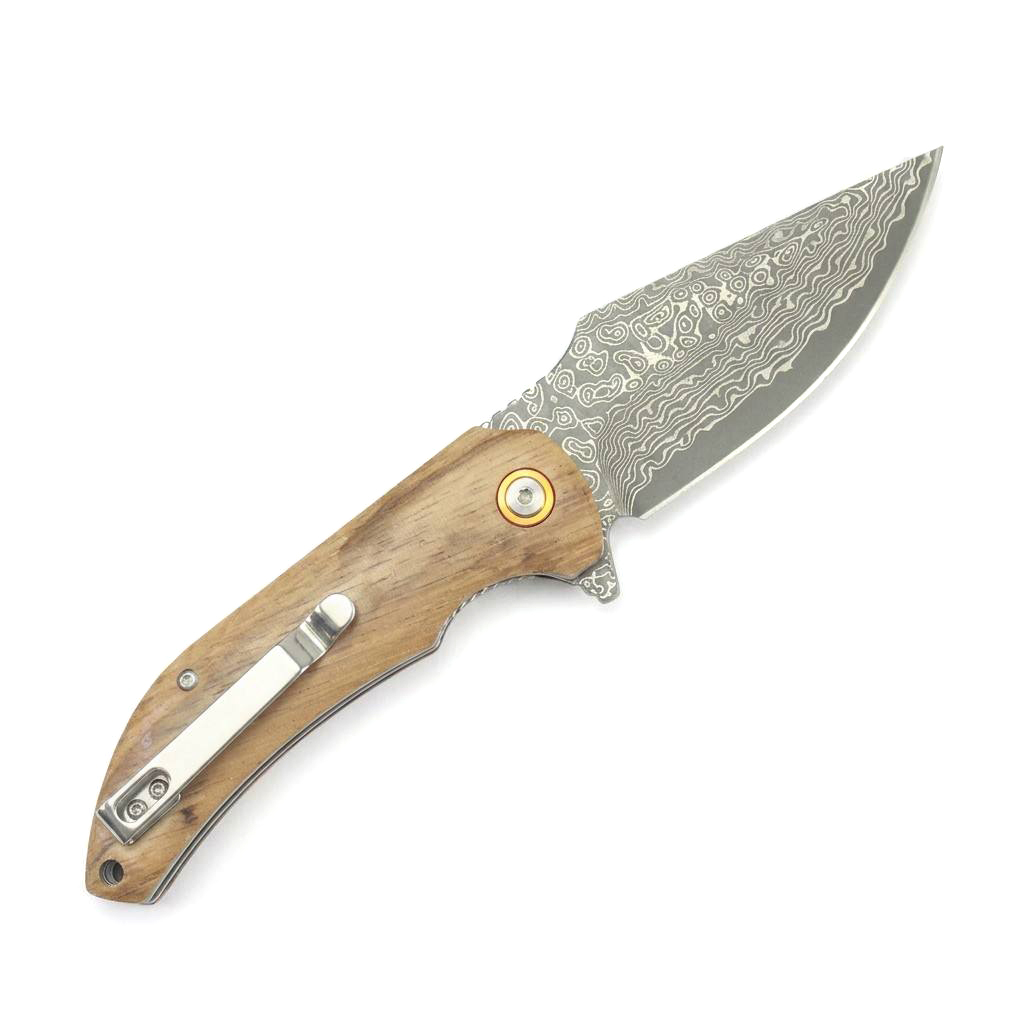 Tunafire GT-DM019 Damascus Steel Camping Folding Knife Ball Bearing Smooth Open Zebra Wood Handle Outdoor Survival Knife