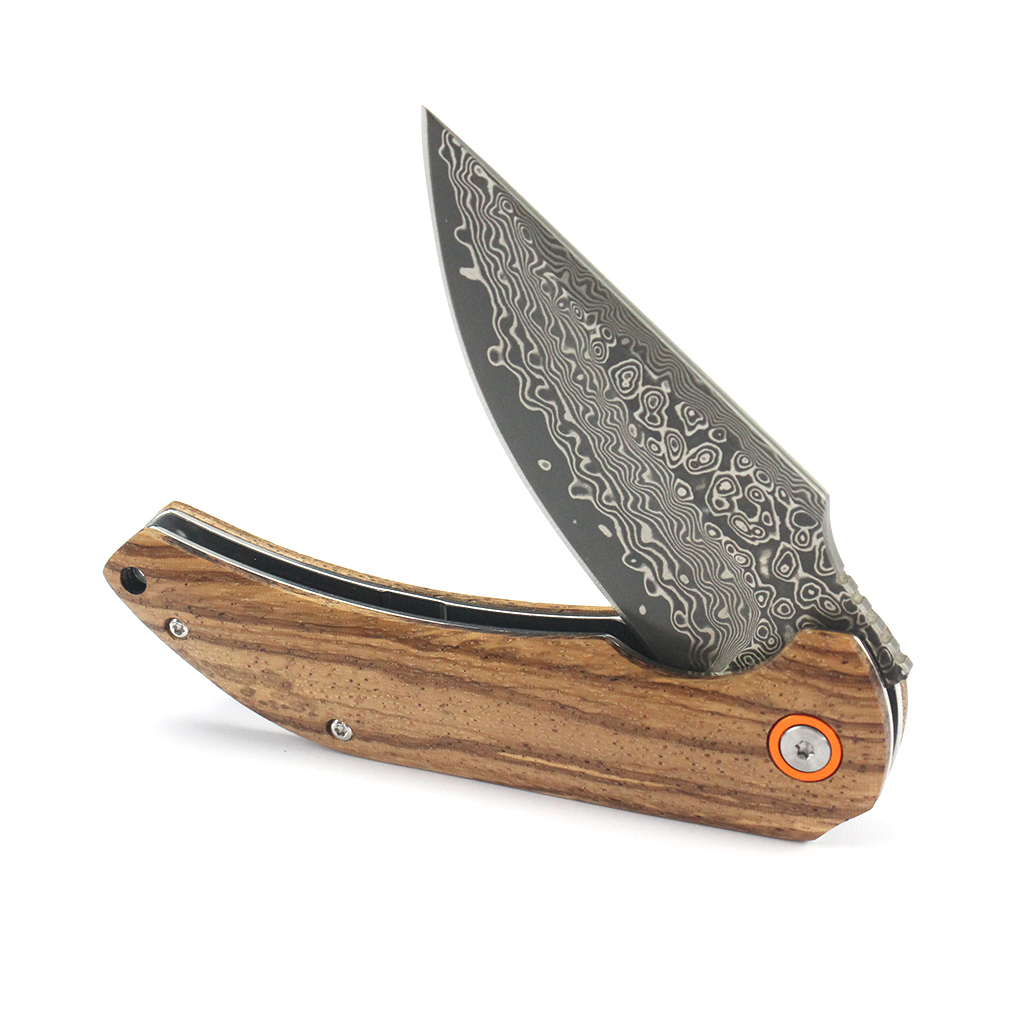 Tunafire GT-DM019 Damascus Steel Camping Folding Knife Ball Bearing Smooth Open Zebra Wood Handle Outdoor Survival Knife