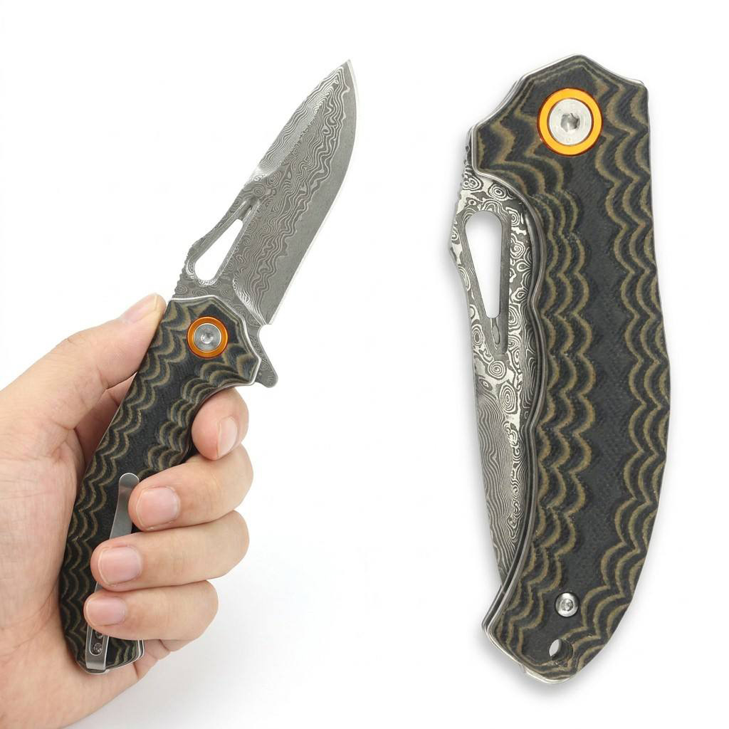 Tunafire Knife GT-DM021 2.68&rdquo;Damascus steel Knife Brown Two Color G10 Handle Portable Outdoor Camping Survival Tool