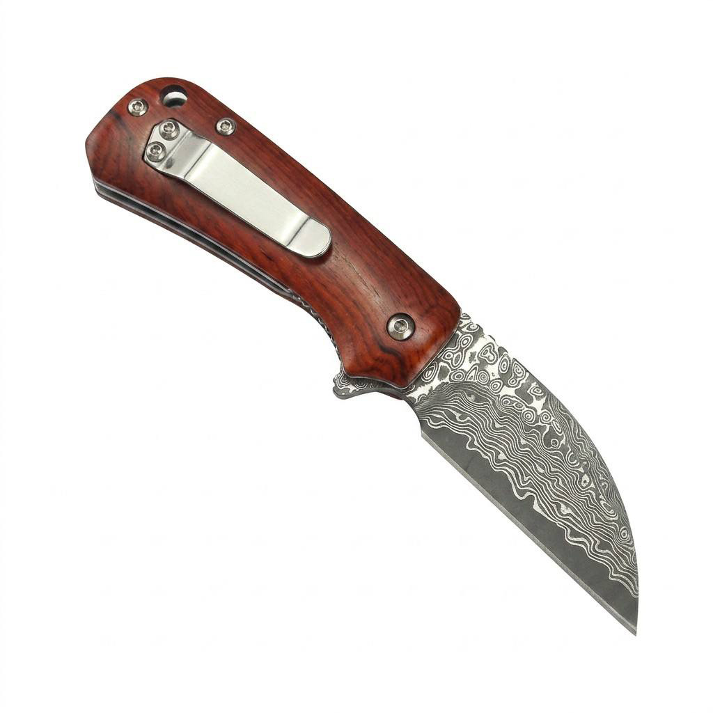 Tunafire GT-DM022 Damascus Steel Folding Knife Ebony Wood Handle Ball Bearing 59-60HRC Mini EDC Pocket Knife